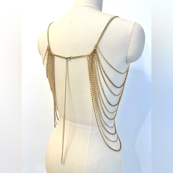 ALTEREDREAMS Gold Rhinestone Body Chain Top | Festival Rave Harness | Statement - Picture 8 of 9